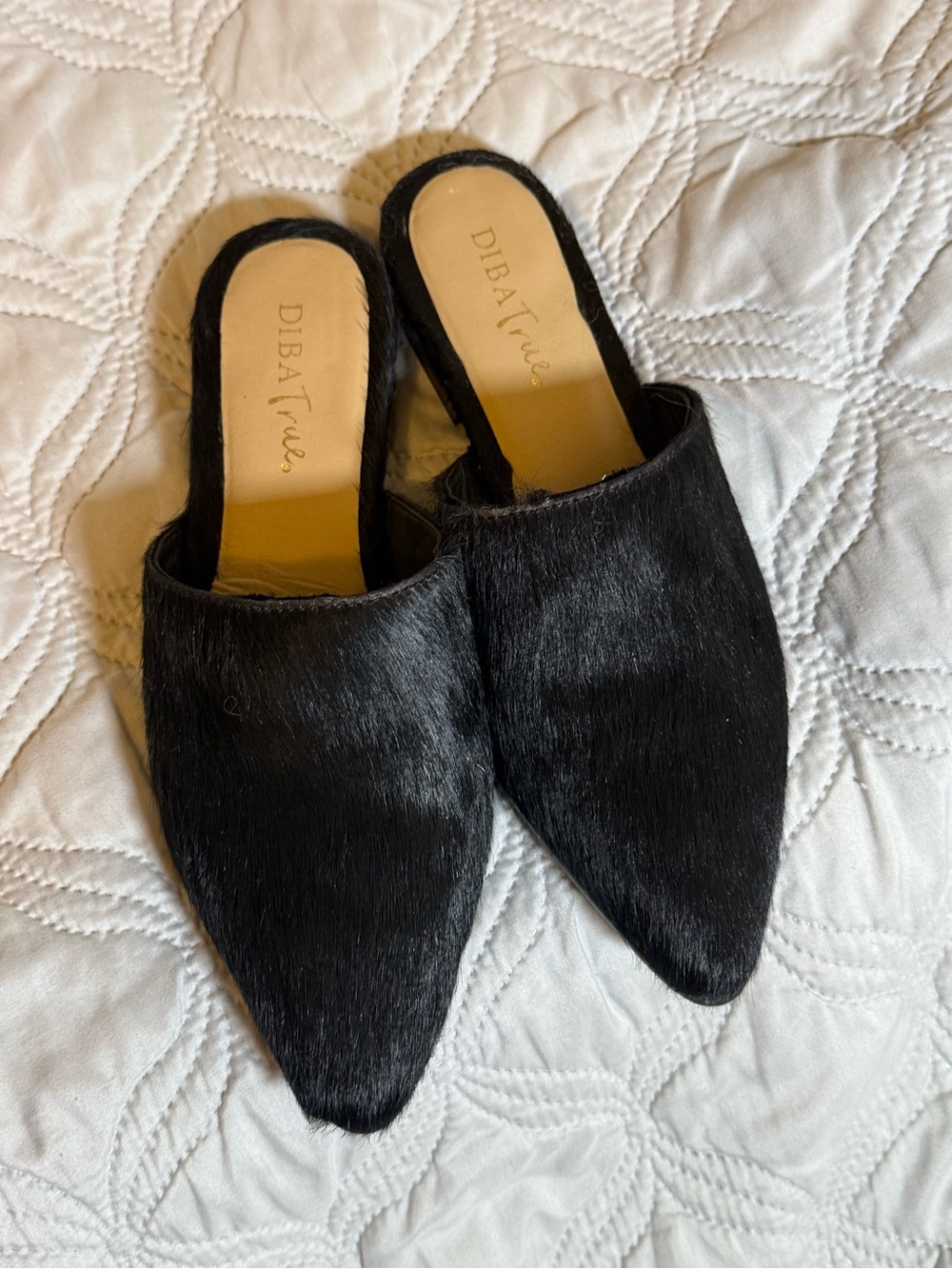 Diba True Black Real Fur Pointed Toe Mule Shoes Size 8‎